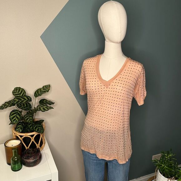 Tops - Sheer Rhinestone Studded V-Neck Tee Y2K Festival Nude Short Sleeve Top Small
